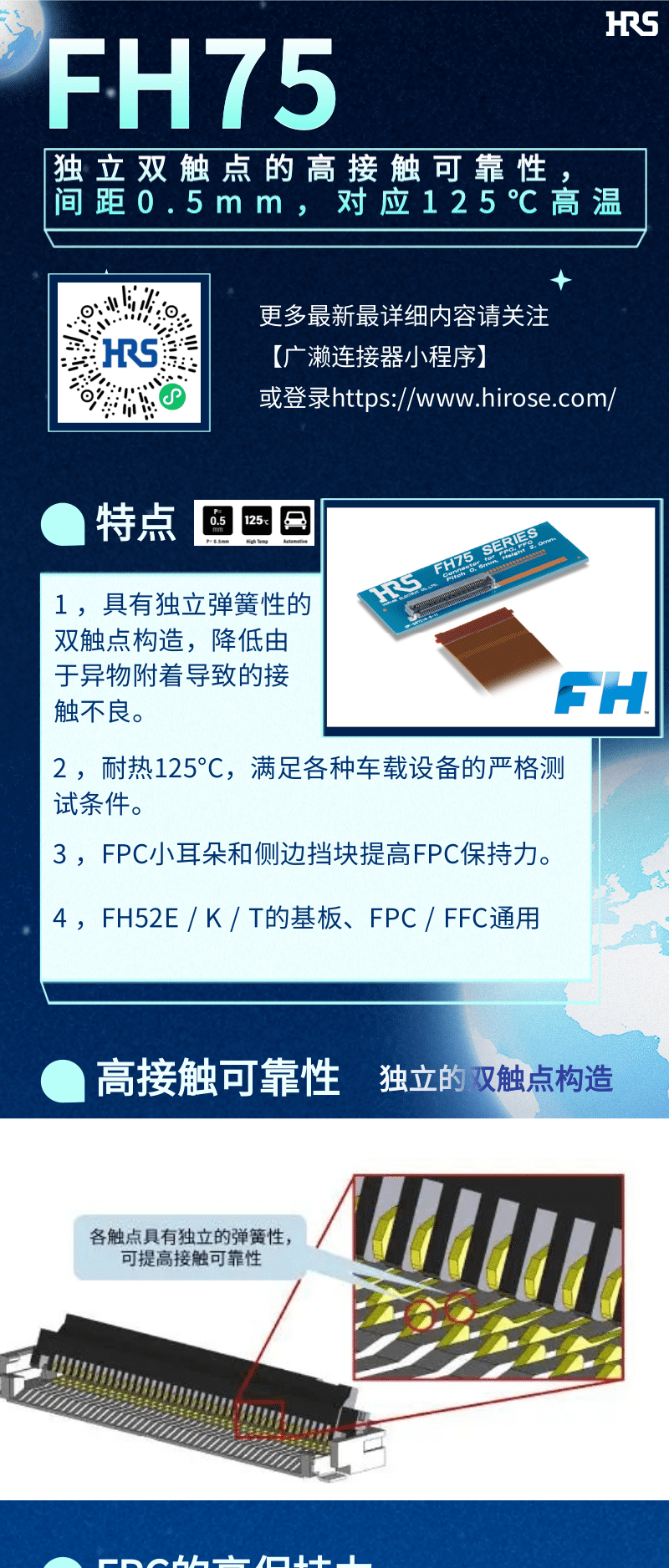 【產品推薦】車載用雙觸點、耐高溫125℃ FPC/FFC連接器-FH75